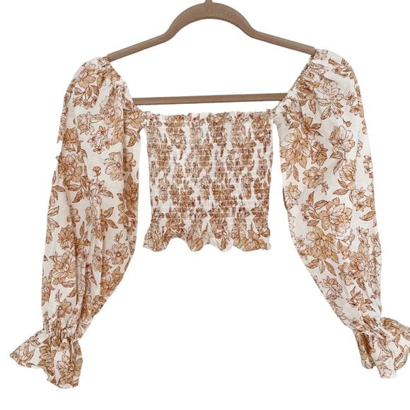 Petal + Pup Gabriella Cream Floral Linen Blend Smocked Off The Shoulder Top - Picture 5 of 8